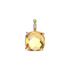 Pendentif Or Jaune 750 Citrine Coussin 8mm et Diamant