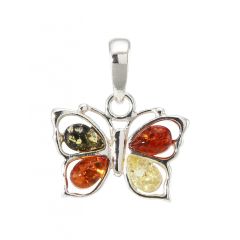 Pendentif papillon en Argent et Ambre multicolore