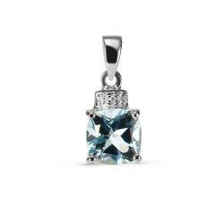 Pendentif Topaze bleue traitée Coussin 7mm et Diamant Or Blanc 375