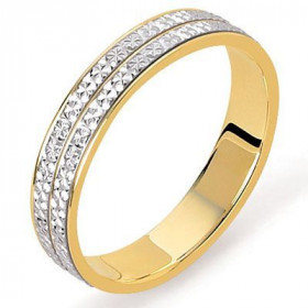 Alliance fantaisie bicolore (or jaune / or gris). 2 anneaux encastrés or gris. Lapidage motifs diamantés. Base or jaune. I...