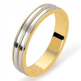 Alliance bicolore (or jaune / or gris). Deux anneaux brillants encastrés. Base or jaune. Intérieur plat. Largeur : 4mm