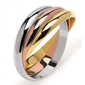 Alliance 3 anneaux entrelacés (or jaune/or gris/or rose). Largeur de chaque anneau : 3mm. Intérieur de chaque anneau plat....