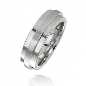  Alliance argent 925/1000 platin&eacute;. L alliance est compos&eacute; d un anneau plat large finition brillante encercl&...