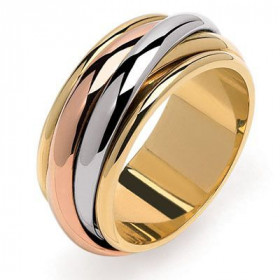 Alliance Tournelle 3 ors. Trois anneaux entrelacés (or rose, or blanc, or jaune) sur une base large en or jaune (8mm). Int...