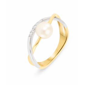 Bague 2 Ors sertie 5 diamants d une Perle blanche 6mm diamètre Poids Diamant : 0,05 carats Qualité Diamant : HSI 