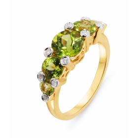 Bague 5 Péridots Ronds et Diamant Or Jaune