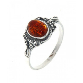 Bague Argent 925 une pierre Ambre ovale 8x6mm Monture très travaillée une partie oxydée Largeur monture (sur doigt, vue de...