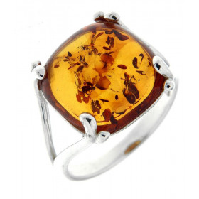 Bague Ambre coussin 13x13mm sur Argent 925 Bague Argent 925 ambre Ambre forme coussin 13x13mm Monture corps fourche 