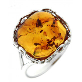 Bague Ambre coussin 14x14mm sur Argent 925 Bague Argent 925 ambre Ambre forme coussin 14x14mm Monture corps fourche panier...