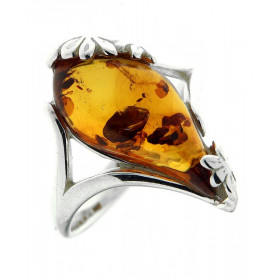 Bague Ambre Goutte 19x10mm sur Argent 925 Bague Argent 925 Ambre couleur cognac Ambre forme goutte 19x10mm Monture corps f...