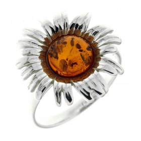 Bague Ambre Motif Fleur sur Argent 925 Ambre ronde 8mm diamètre Monture forme fleur Largeur monture (sur doigt, vue dessus...
