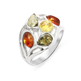 Bague Ambre Multicolore sur Argent 925 Bague Argent 925 Ambre multicolore (couleurs : vert, miel cognac) Cabochons d ambre...