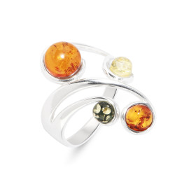 Bague Ambre Multicolore sur Argent 925. Bague en Argent 925 et Ambre multicolore (couleurs : vert, miel et cognac). Caboch...