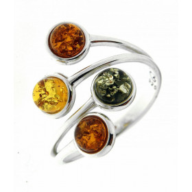 Bague Ambre Multicolore sur Argent 925. Bague en Argent 925 et Ambre multicolore (couleurs : vert, miel et cognac). Caboch...