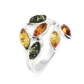 Bague Ambre Multicolore sur Argent 925. Magnifique bague en Argent 925 et Ambre multicolore (couleurs : vert, miel et cogn...