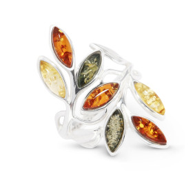 Bague Ambre Multicolore sur Argent 925. Magnifique bague en Argent 925 et Ambre multicolore (couleurs : vert, miel et cogn...