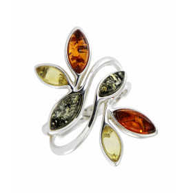 Bague Ambre Multicolore sur Argent 925 Magnifique bague Argent 925 Ambre multicolore (couleurs : vert, miel cognac) Caboch...