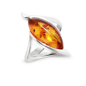  Bague Ambre Navette 18x8mm sur Argent 925 Elelgante bague Argent 925 Ambre couleur cognac Cabochon d ambre taillé navette...