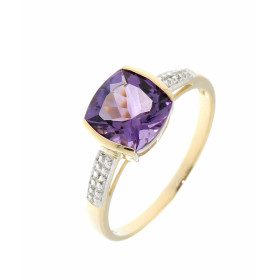 Bague Améthyste Diamant Or Jaune 375 Cette bague Or 375 est sertie d une Améthyste taille coussin La pierre mesure 8x8mm, ...