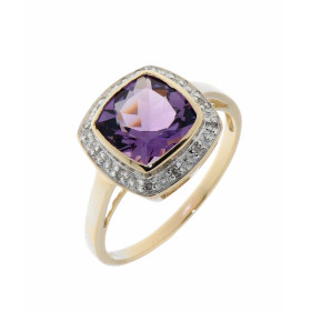  Bague Améthyste Diamant Or 375 2tons Améthyste taille coussin 8x8mm La pierre centrale est serti clos L entourage est com...