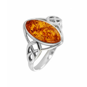 Bague Argent 925 Ambre, monture style celtique formes monades Pierre cabochon taillée navette Dimensions pierre : 13x6,5mm...