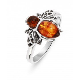 Bague Argent Abeille Ambre. Motif Abeille de 15x14mm. Ambre de couleur cognac