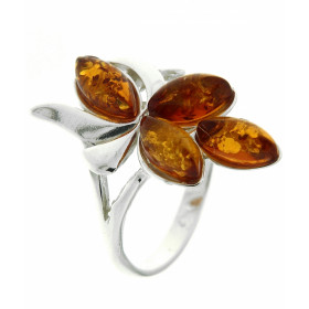 Bague Argent 925 pierres d Ambre Motif original 4 petites pierres 8x4mm forme navette Largeur monture (sur doigt, vue dess...