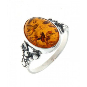 Bague Argent 925 une pierre Ambre ovale 14x10mm Largeur monture (sur doigt, vue dessus) : 15mm 