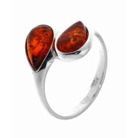 Bague Argent 925 Ambre style Toi & Moi sertie pierres forme poire Largeur sur doigt (vue dessus) : 15 mm 