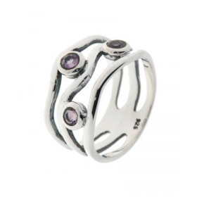 Bague Argent 925 Améthyste , monture ouvragée style ethnique sertie 3 pierres 3mm 