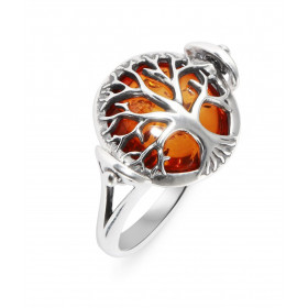 Bague Argent de Arbre de Vie et Ambre. Ambre rond de 13mm. Ambre de couleur cognac. Le Motif Arbre de vie peut tourner sur...