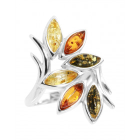 Bague argent 6 ambres forme navette 3x8mm Ambre couleur cognac, verte jaune