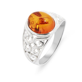 Bague Argent 925 Ambre couleur miel Arabesque Cabochon d ambre forme ovale Largeur bague (sur doigt, vue dessus) : 11,3mm