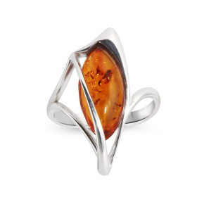 Bague Argent 925 Ambre couleur cognac forme contemporaine Cabochon d ambre fomre navette 8x16mm Largeur bague (sur doigt, ...