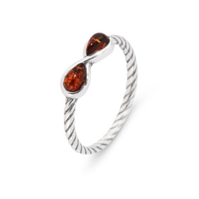 Bague Argent 925 Ambre couleur cognac forme signe infini Cabochons d ambre forme poire Largeur bague (sur doigt, vue dessu...
