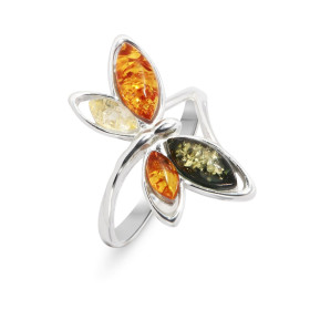 Bague Argent 925 Ambre multicolore (couleurs : vert, miel cognac) forme libelule Cabochons d ambre forme navette Largeur b...