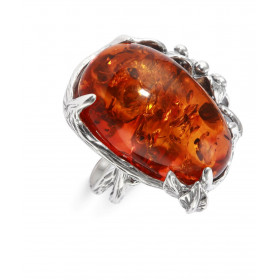 Grosse Bague Argent Ambre Ambre Poire 26x20mm Ambre couleur cognac Monture ornée motifs floraux