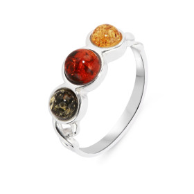 Bague Argent Ambre Multicolore Bague sertie trois ambres ronds couleurs vert, cognac jaune