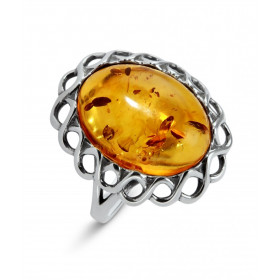 Bague argent composée d une ambre ovale 11x15mm un entourage argent ondulé Ambre couleur cognac Largueur monture (sur doig...
