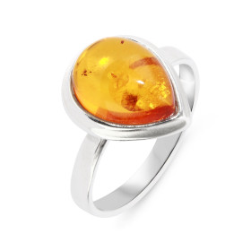 Bague Argent et Ambre Poire 12x10mm. Bague sertie d'une pierre en forme de poire de 12x10mm