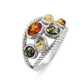 Bague argent 925 Ambre multicolore (couleurs : vert, miel jaune) style médiéval Cabochons d ambre forme rond d ovales Larg...