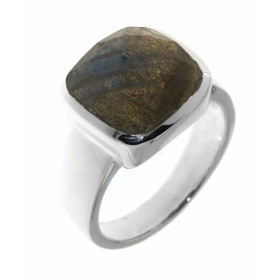 Bague Argent 925 Labradorite sertie d'une pierre facettée taille coussin de 12x12 mm. 