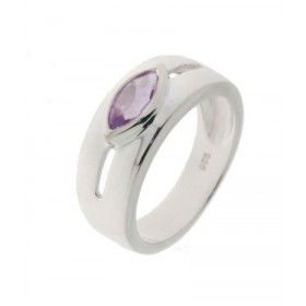 Bague Argent 925 Améthyste , modèle large ajouré serti d une pierre taille navette 8x5mm 