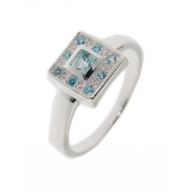 Bague Argent 925 Topaze bleue Traitée Pierre centrale carrée 4x4mm Entourage composé 8 pierres rondes 1.5mm Largeur sur do...