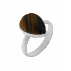 Bague Argent 925 et Oeil de Tigre, pierre de 14x10mm taill&eacute;e en cabochon, serti clos