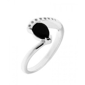 Bague Argent Onyx Oxyde zirconium Pierre taillée poire mesurant 7x5mm Sertissage Demi Clos Entourage composé d oxydes zirc...