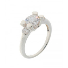 Bague Oxyde Zirconium, monture Argent 925 1 oxyde blanc 7mm diamètre serti 4 griffes forme coeur 2 oxydes blancs 4mm diamè...