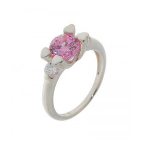 Bague Oxyde Zirconium, monture Argent 925 1 oxyde rose 7mm diamètre serti 4 griffes forme coeur 2 oxydes blancs 4mm diamèt...