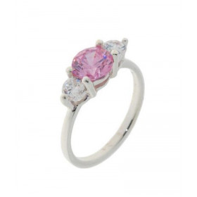 Bague Oxyde de Zirconium, monture en Argent 925. 1 oxyde rose de 7mm de diamètre entouré e 2 oxydes blancs de 4mm de diamè...