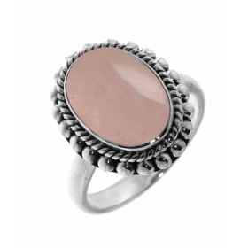 Bague Argent 925 Quartz Rose sertie d'une pierre ovale taille cabochon de 14x10mm